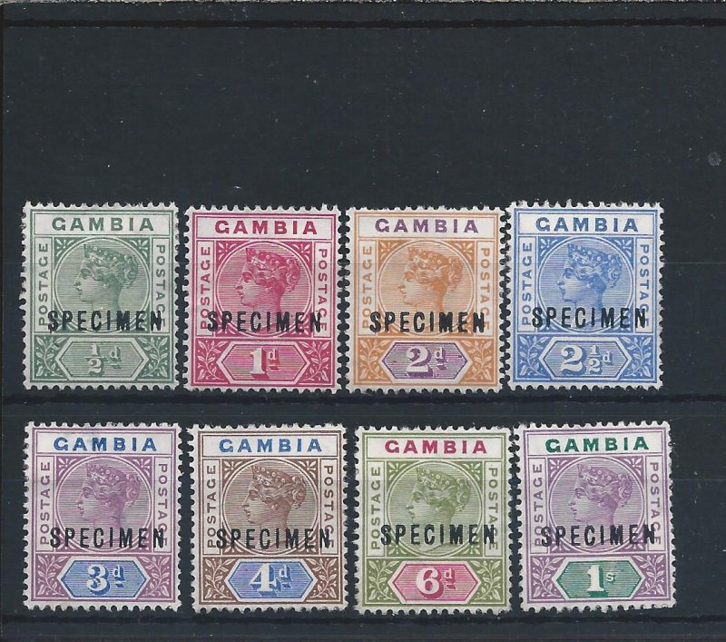 GAMBIA 1898-1902 SET OF EIGHT OVERPRINTED SPECIMEN UNUSED SG 37s/44s CAT £200