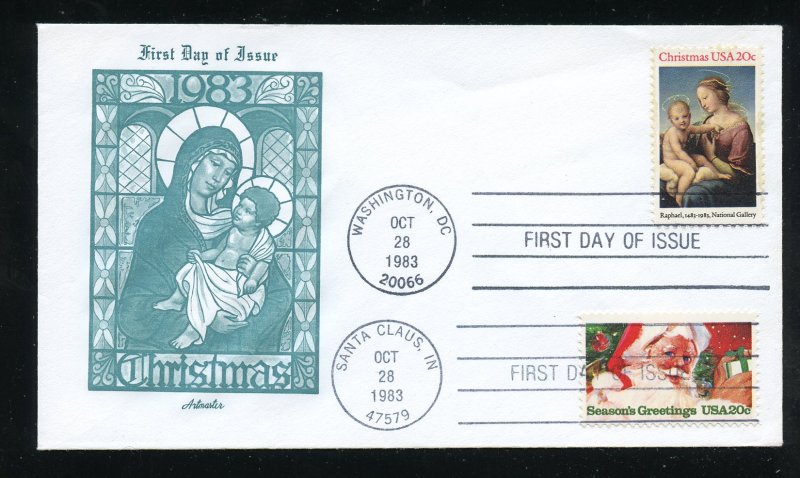 US 2063,2064 Christmas Issue 1983 dual postmarks UA Artmaster cachet FDC