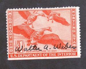 RW11 - Federal Duck Stamp. Mint Hinged  No Gum. Artist Signed Single. Faults.