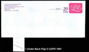 US #U621 Mint Postal Stationery, Entire, Sample, 1991, 29c, Love, #10