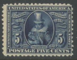 US Sc#330 1907 5c Jamestown Pocahontas F-VF Centered OG Mint Lightly Hinged