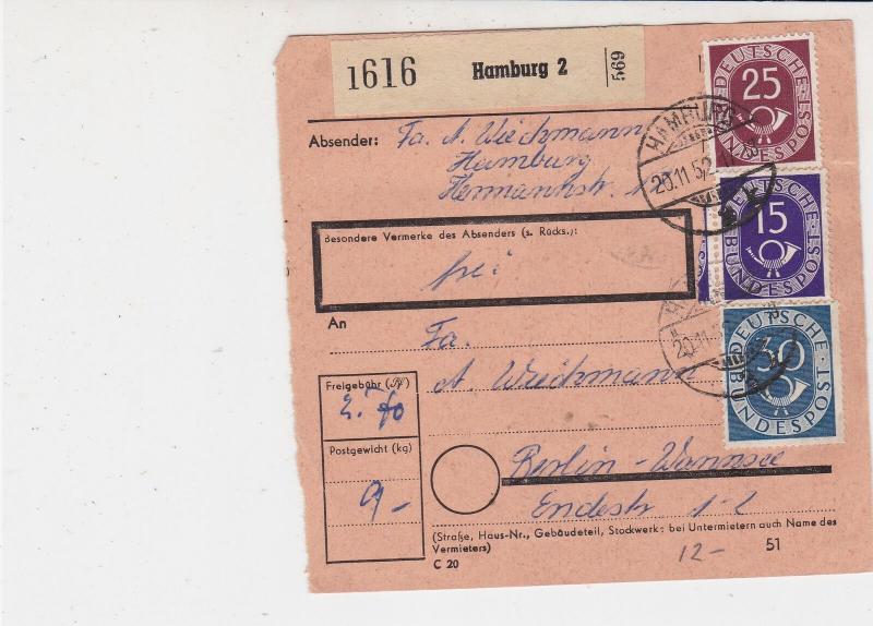 Germany Hamburg 1952 Multiple Numeral Posthorn Stamps Parcel Piece Ref 32296