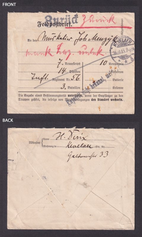 GERMANY 1915, Fieldpost cover WWI from Kevelaer