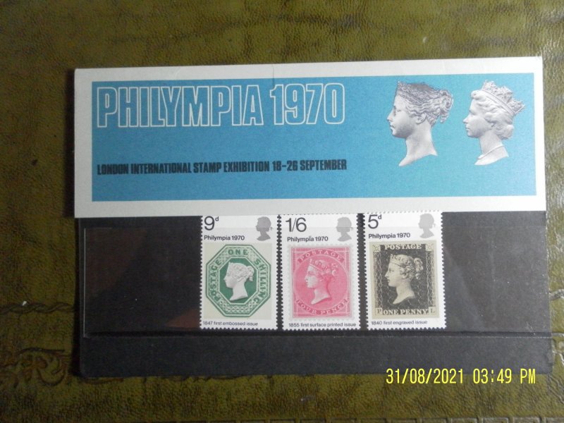 GB 1970 PHILYMPIA STAMP EXHIBITION PRESENTATION PACK No.21 (SG 835-837), Mint