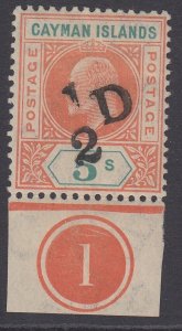 SG 18 Cayman Islands 1907. ½d on 5/- salmon & green lower marginal example...