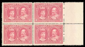 Canada #98 Cat$400, 1908 2c carmine, sheet margin block of four, never hinged