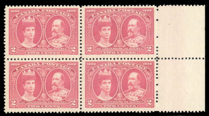 Canada #98 Cat$400, 1908 2c carmine, sheet margin block of four, never hinged