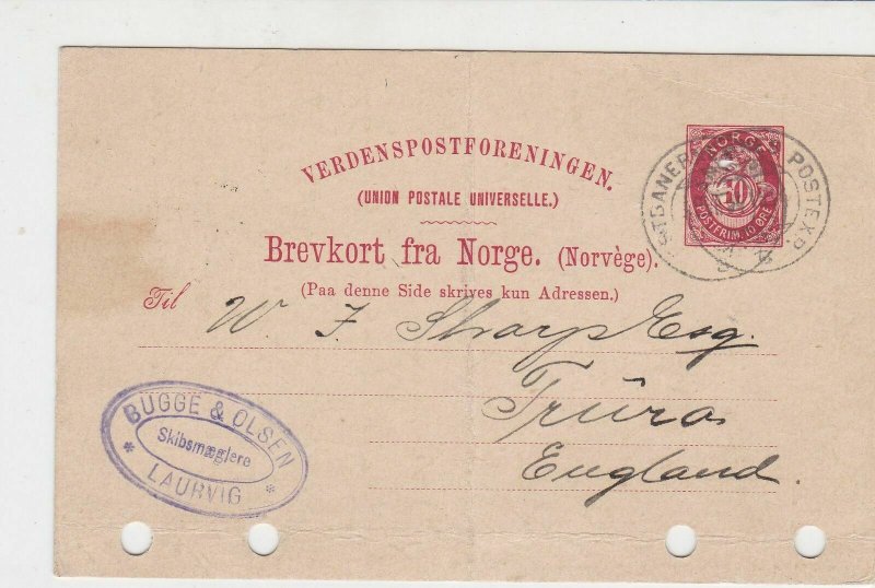 Norway 1894 Bugge & Olsen Laurvig mark to England  Stamps Card ref R 18055