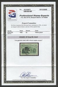 U.S. #243 Used XF/SUP GEM w/ Cert - 1893 $3.00 Columbian