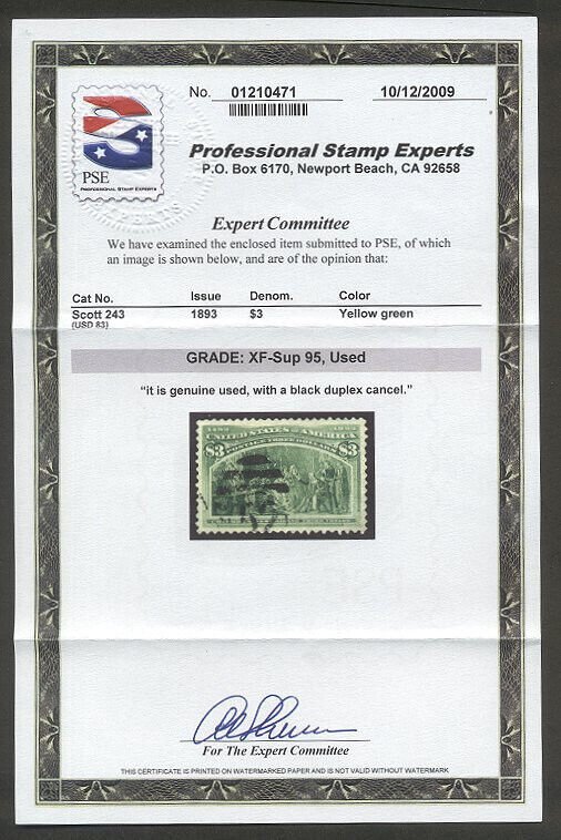 U.S. #243 Used XF/SUP GEM w/ Cert - 1893 $3.00 Columbian