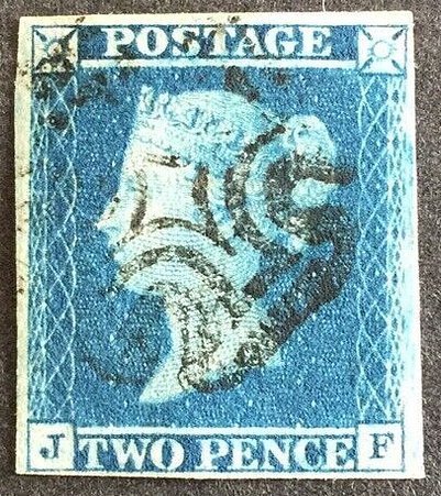 GREAT BRITAIN SC# 2 Blue on White Paper 2p CV $650.00 USED XF 4 Margins