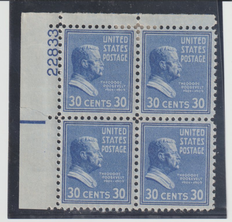 US  Scott #830 plate block 30c of the 1938 Presidential Issue VF/XF MH