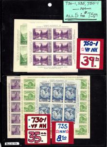 730-731,735,750-751 Mint,NH... All 5 Farley Souvenir Sheets... SCV $100.00