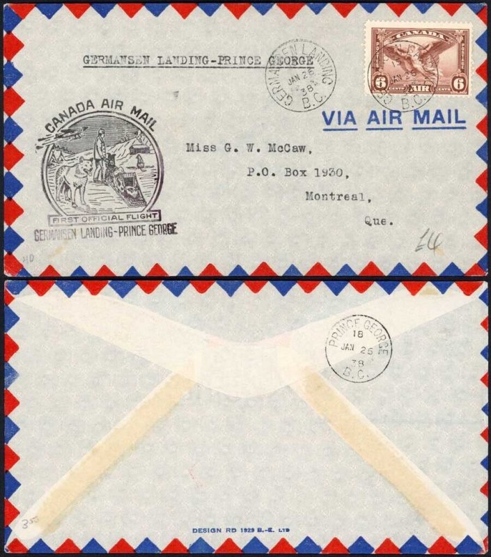 Canada Germansen Landing - Prince George First Flight Cover
