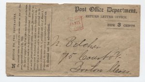 1866 Post Office Dept. Return Dead Letter envelope due 3 cts to Boston [6525.331