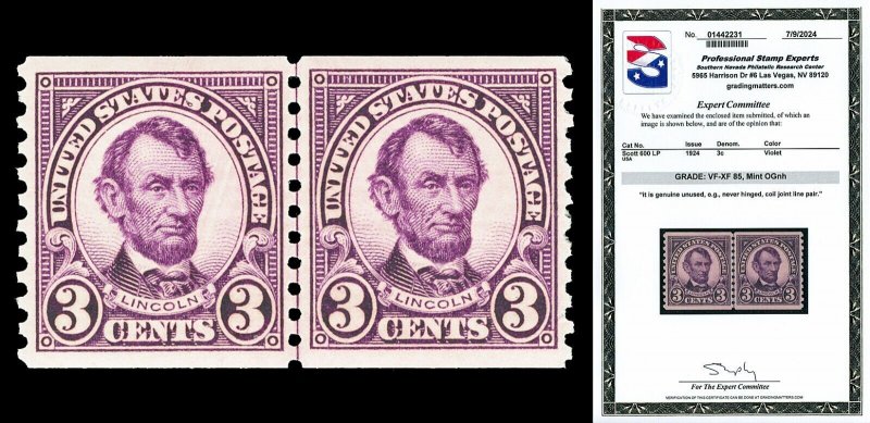 Scott 600 1924 3c Lincoln Coil Mint Line Pair Graded VF-XF 85 NH with PSE CERT