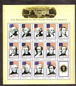 LIBERIA 2000 PRESIDENTS OF THE U.S MINT VF NH O.G 5 SHEETS OF 15 (25LI)