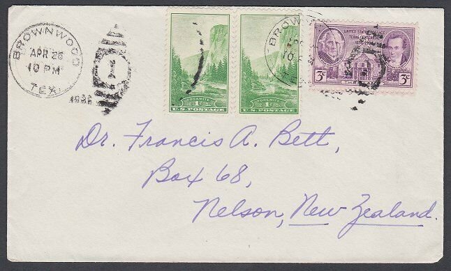 USA 1936 cover Brownwood Texas to New Zealand - 5c rate.....................J875