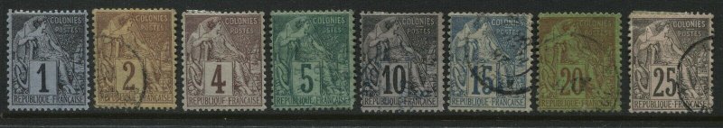 French Colonies 1881-86 most used values to 25 centimes missing 25¢ yellow