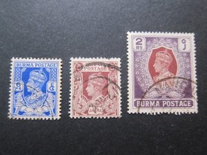 Burma 1938 Sc 20,22,31 KGV FU