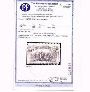 VERY AFFORDABLE GENUINE SCOTT #231 MINT NO GUM 1893 COLUMBIAN EXPOSITION PF CERT