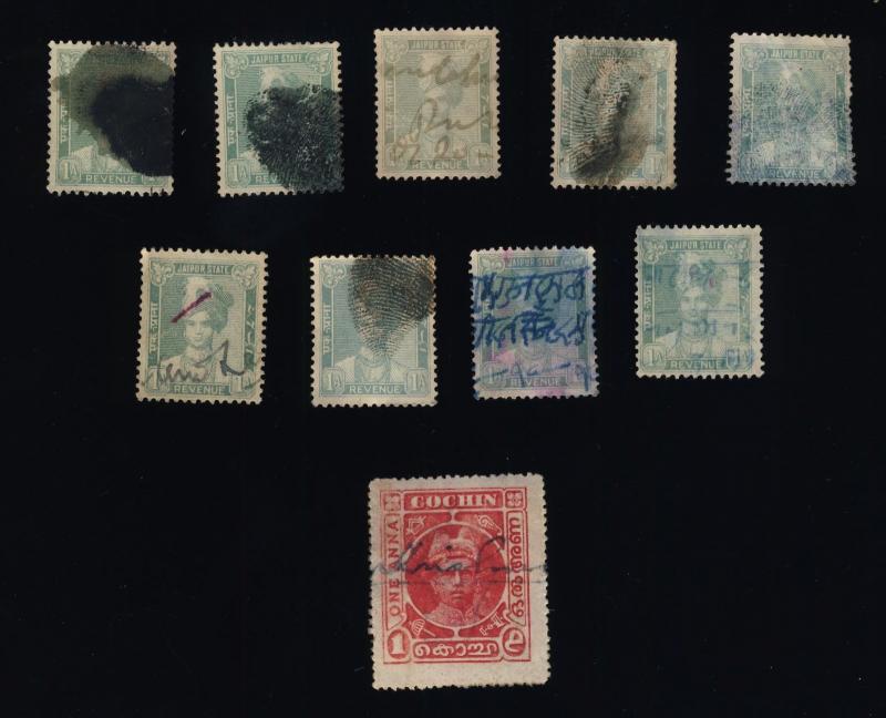 INDIA / JAIPUR STATE (x9) & COCHIN (x1) REVENUE STAMPS