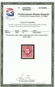 J34  5c Due Used  Fine Centering PSE Cert Small thin, corner crease