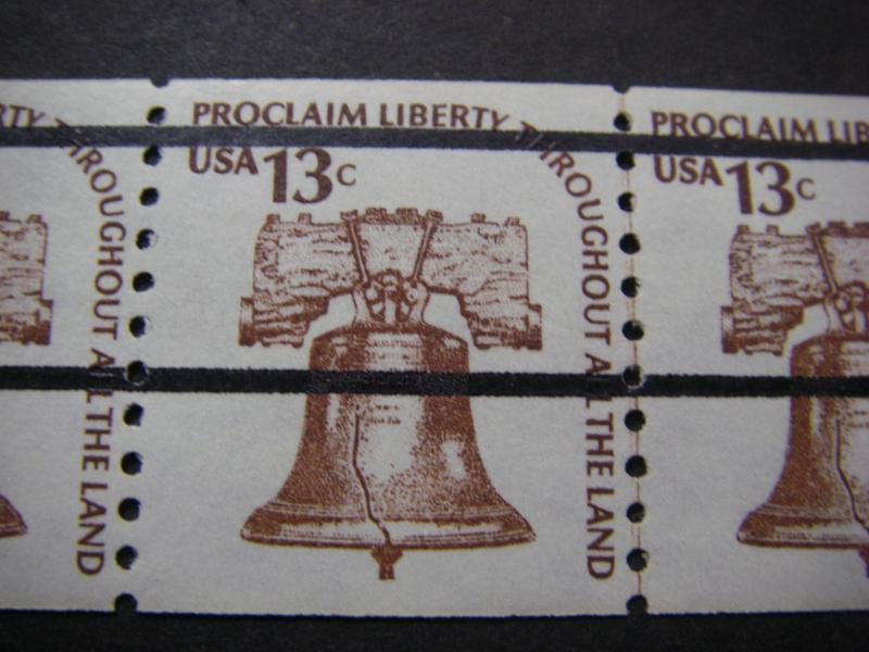 Scott 1618a, 13c precancel Liberty Bell, Line Pair in strip, Shiny gum MNH,