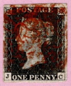 GBR SC #1 U (J,C) 1840 Queen Victoria 4 margins w/red cancel CV $375.00