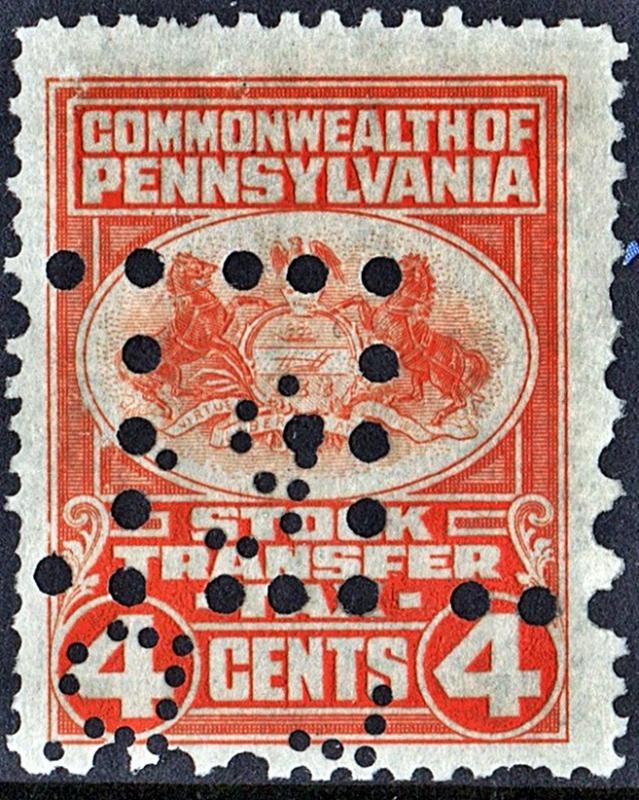 Pennsylvania 4¢ Stock Transfer Stamp (Perfin)