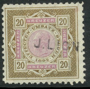 AUSTRIA 1893 20kr Stock Transfer Revenue on Thin Paper P.10 1/2 BFT.4b VFU