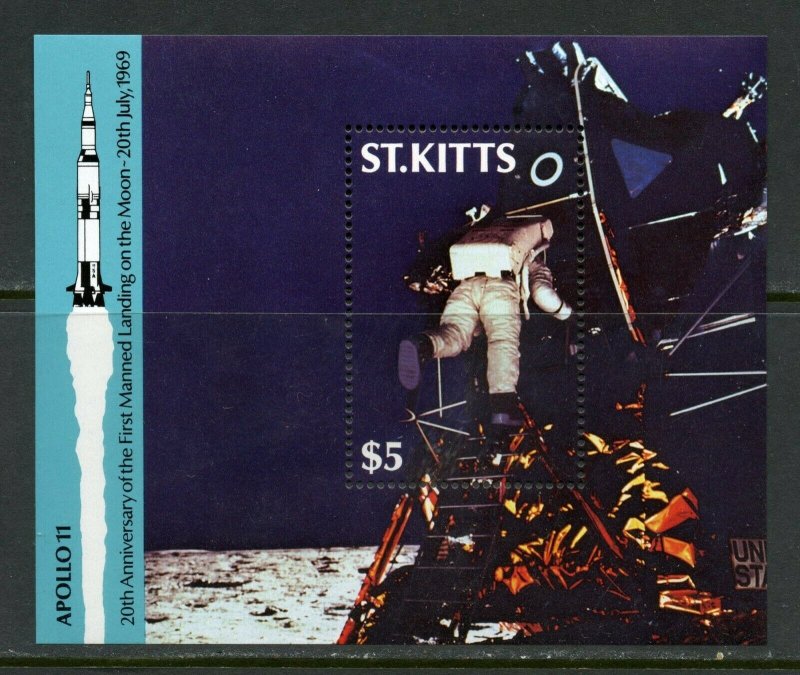 ST. KITTS  APOLLO 11 20th ANNIVERSARY OF THE MOON LANDING SOUVENIR SHEET MINT NH