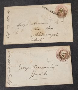 GREAT-BRITAIN PENNY PINK 2 STATIONERY ENVELOPES 1848+1850 #1021