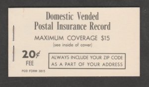 U.S. Scott Scott #QI2 Vended Postal Insurance Record Stamp - Mint NH Booklet