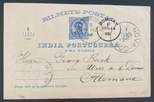 1890 Nova goa Portuguese India Stationery Postcard Cover To Ulm Germany