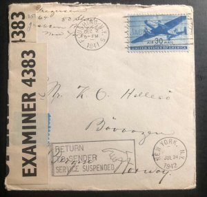 1941 Flushing USA Censored Cover to Norway Returned Service Suspended Xmas Label