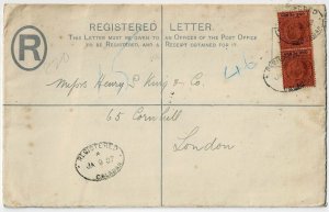 Lagos 1907 Calabar cancel on registry envelope to England