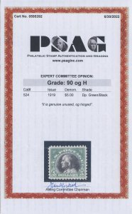 US Scott #524 Mint, XF, Hinged, PSAG (Graded 90)