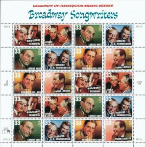 1999 33c Broadway Songwriters, Sheet of 20 Scott 3345-50 Mint F/VF NH