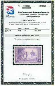 US Stamp #739 Wisconsin Tercentenary 3c, PSE Cert - XF-SUP 95 - MOGNH SMQ $45.00 