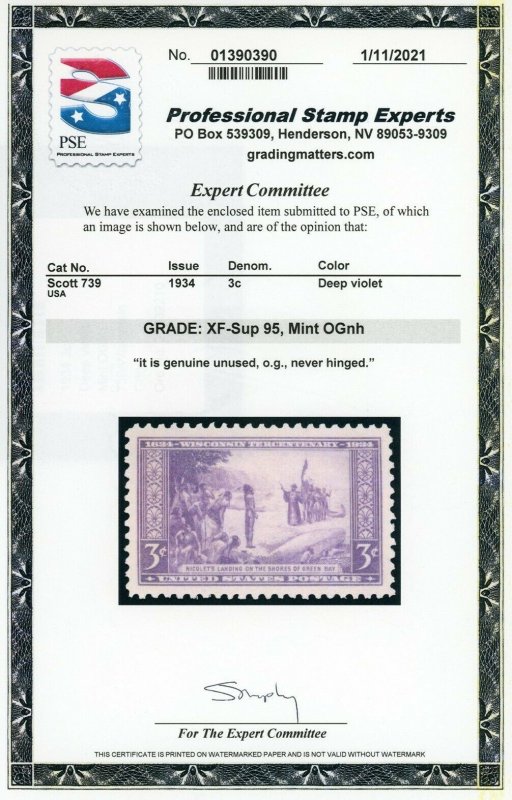 US Stamp #739 Wisconsin Tercentenary 3c, PSE Cert - XF-SUP 95 - MOGNH SMQ $45.00 