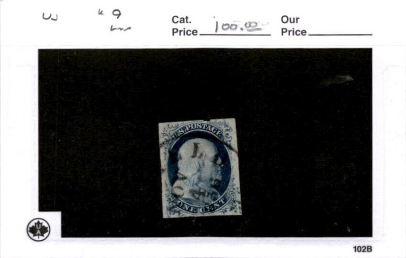 United States Postage Stamp, #9 Used, 1851 Franklin (AB)