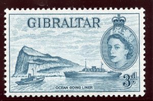 Gibraltar 1958 QEII 3d greenish blue superb MNH. SG 150b.