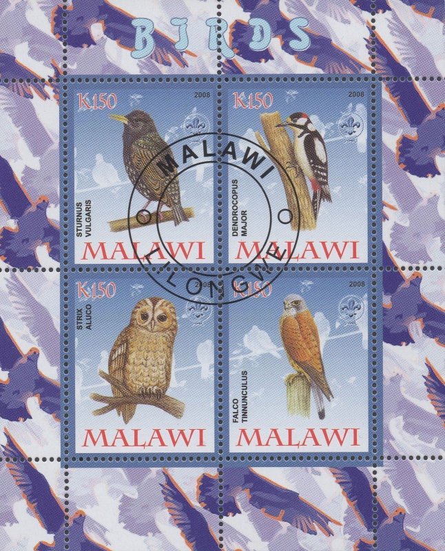 Malawi Birds Owl Falcon Souvenir Sheet of 4 Stamps 