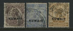 Kuwait 1923 overprinted KGV  1 12, 3, and 6 annas used