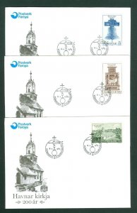 Faroe Islands. 3 FDC 1989. Compl. Set. Havnar Church. Scott # 186-87-88.