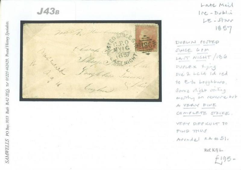 J43b 1857 GB IRELAND Dublin Posted Since Last Night *PSLN6* Duplex 1d Red Cover