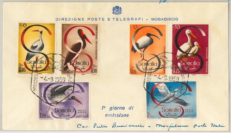 SOMALIA -  POSTAL HISTORY -   FDC COVER Scott # 230/233 + C61/62 -  BIRDS 1959 