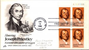 FDC 1983 SC #2038 Artcraft Cachet - Northumberland PA - Plate Block Of 4 - J4893