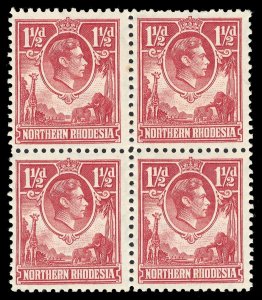 Northern Rhodesia 1938 KGVI 1½d carmine-red block of four MNH. SG 29. Sc 29.